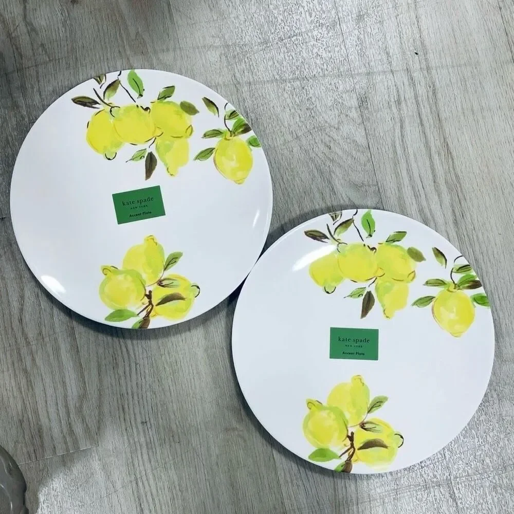 NWT Gorgeous Kate Spade New York Set of 2 White Melamine Lemons 9” Accent plates